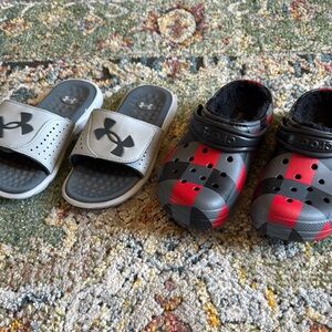 Under Armour Kids Slide Sandals and Crocs Clogs Set - Gray and Red